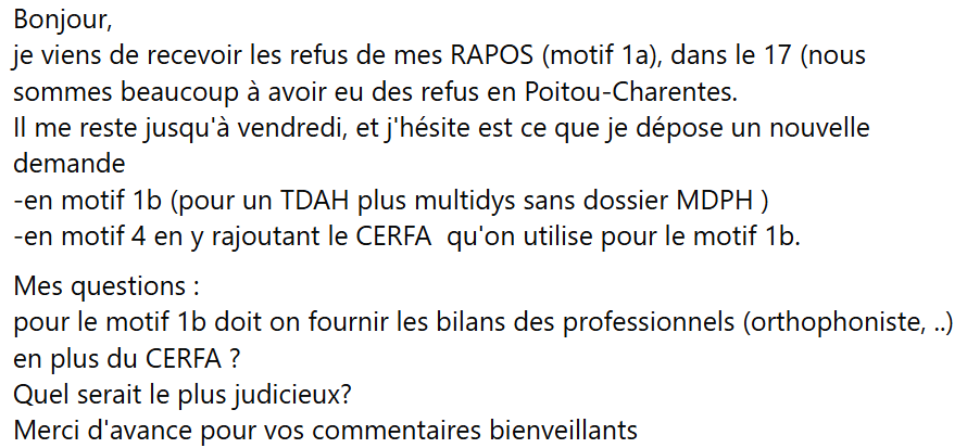 Témoignage de refus pour la demande d'instruction en famille.