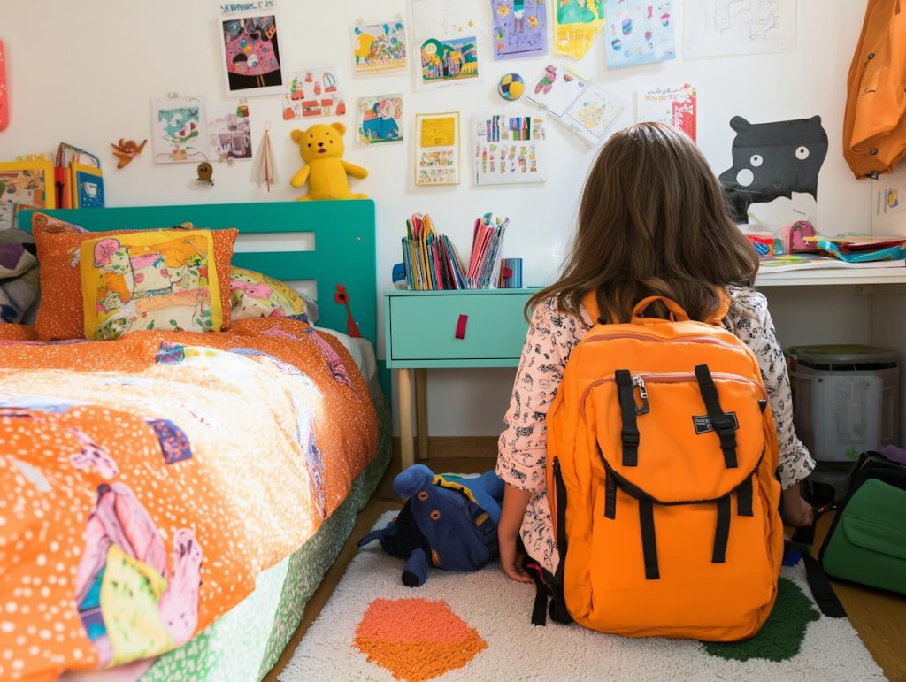 Enfant en IEF dans un espace d'apprentissage personnalisé, sac à dos orange, face à un mur décoré de dessins. Contrôle renforcé sur l’IEF : pourquoi ce durcissement ? Quels impacts pour les familles ? Décryptage des raisons et des conséquences.