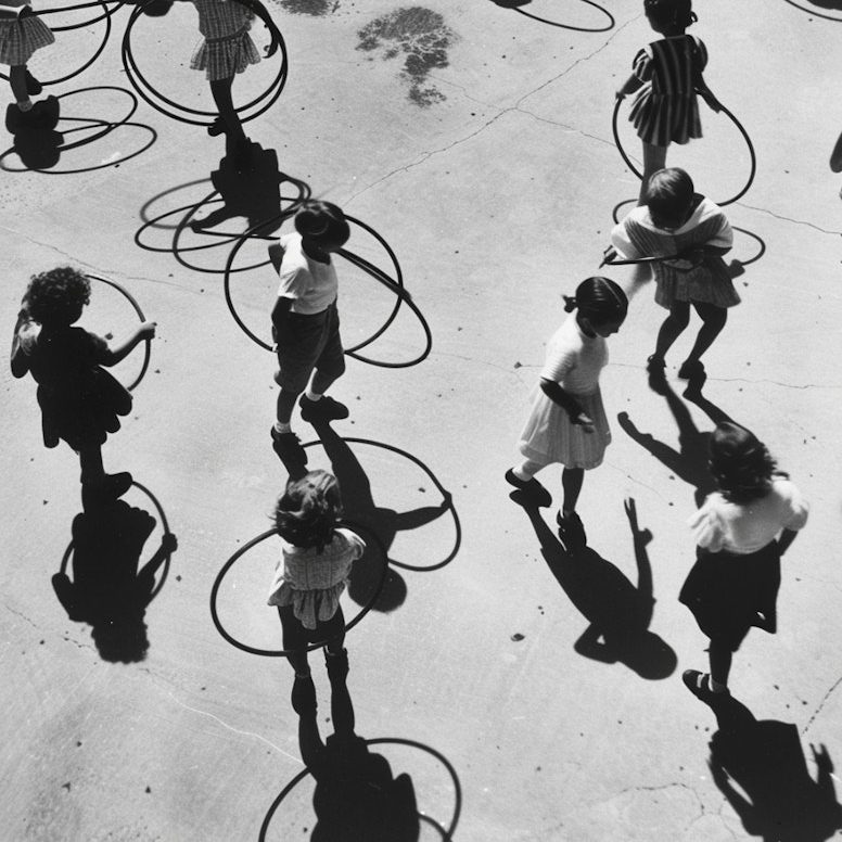Enfants jouant avec des cerceaux en groupe — illustration des dynamiques relationnelles et de la complexité des interactions collectives