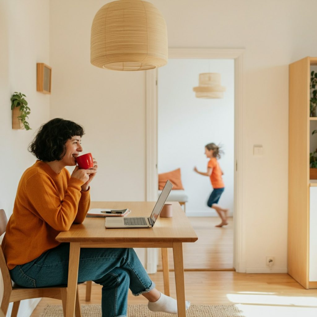 Une mère travaillant chez elle pendant que son enfant joue dans une autre pièce — illustration de la réalité de l’IEF à domicile.